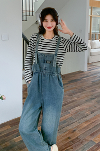 牛仔背带裤套装女2025春秋新款韩系复古设计感休闲宽松上衣两件套图片