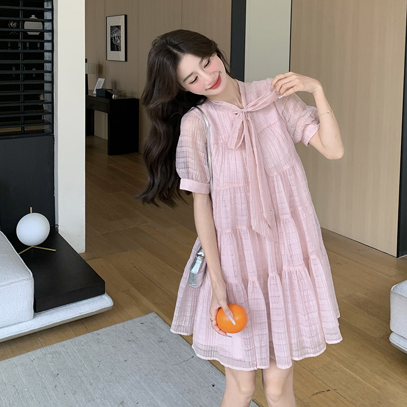 粉色蝴蝶结连衣裙女2025夏季新款法式温柔风甜美减龄小个子娃娃裙,女装连衣裙,2C113