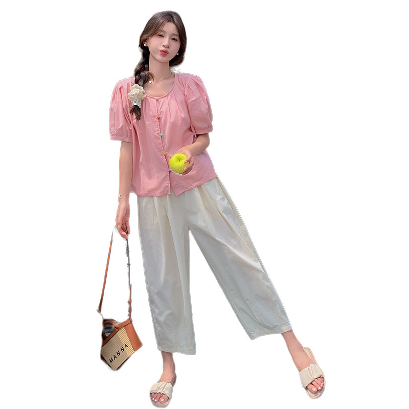 【现货】粉色泡泡袖上衣休闲裤两件套装夏季女4218-P135-K205,女装套装/套裙,2C126