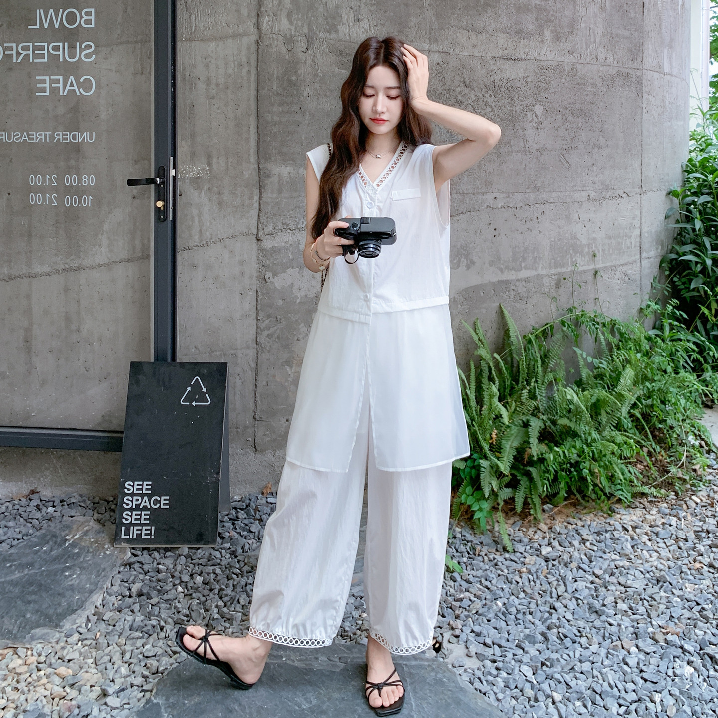 设计感网纱拼接无袖马甲套装女2025夏季新款气质休闲阔腿裤两件套,女装套装/套裙,2C203