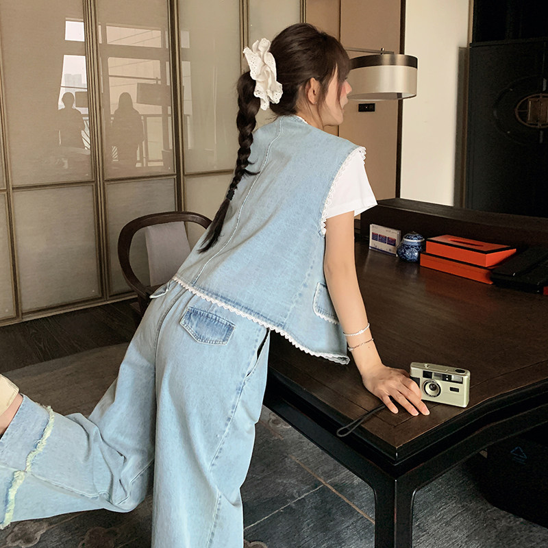 盐甜系穿搭蕾丝飘带牛仔套装女2025春季新款超火马甲阔腿裤两件套,女装套装/套裙,2C177