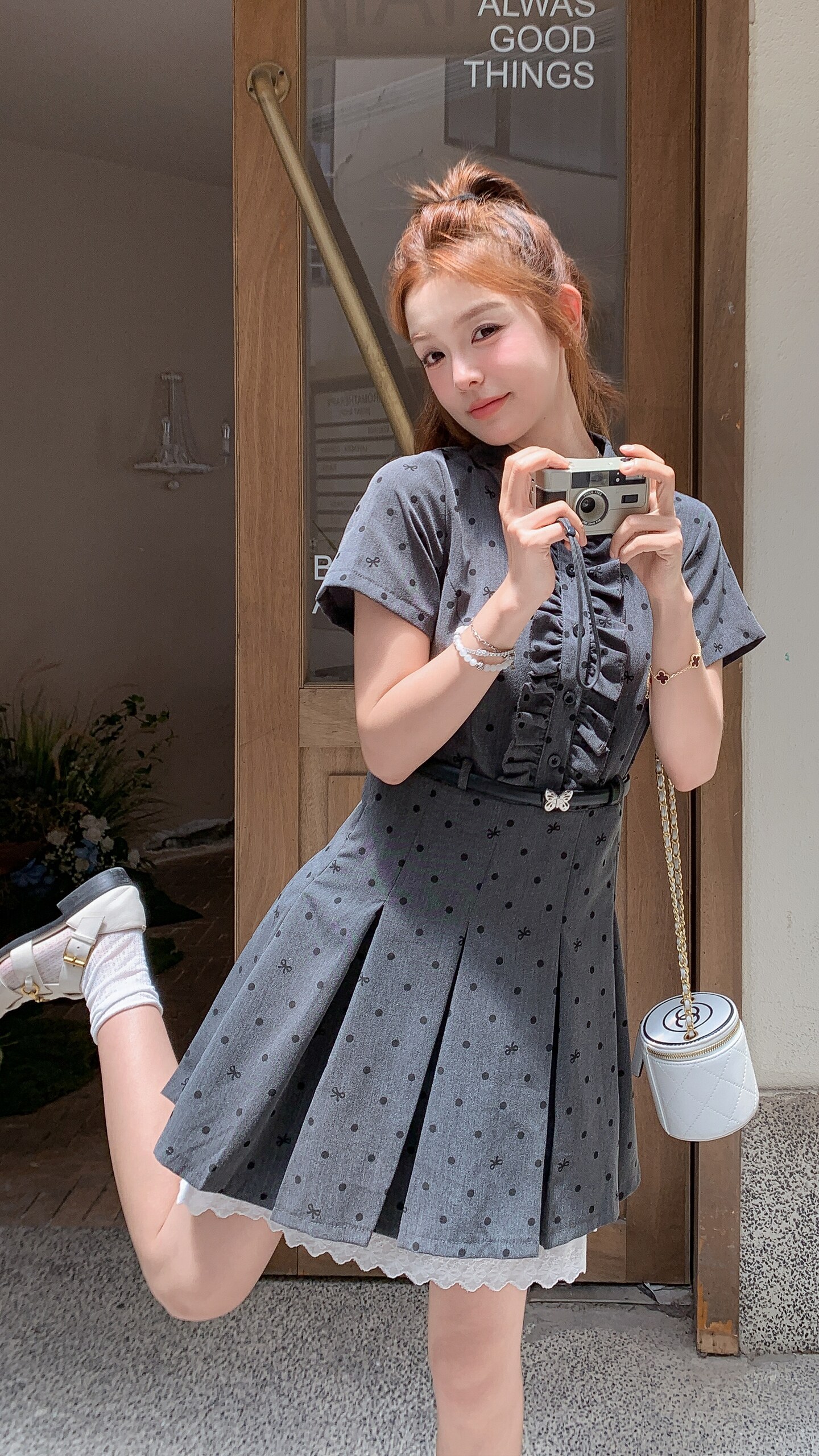 蕾丝拼接灰色波点连衣裙女夏2025新款收腰显瘦小个子衬衫裙俏皮,女装连衣裙,2C109