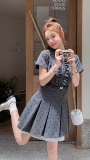 蕾丝拼接灰色波点连衣裙女夏2025新款收腰显瘦小个子衬衫裙俏皮，女装连衣裙，2C109
