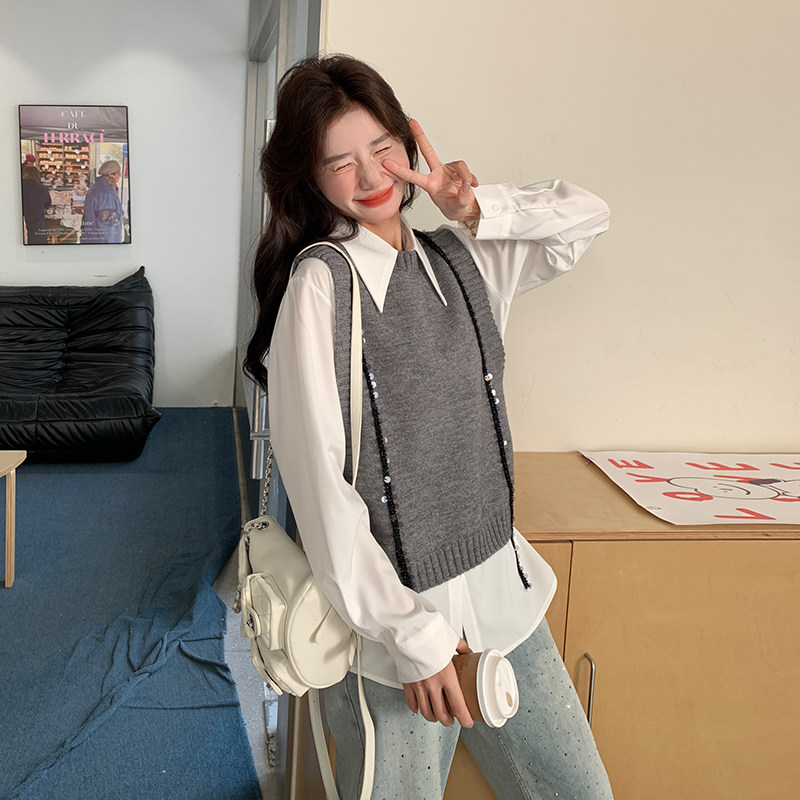 灰色小香风针织马甲套装女春季小个子气质减龄衬衫两件套,女装套装/套裙,2C166