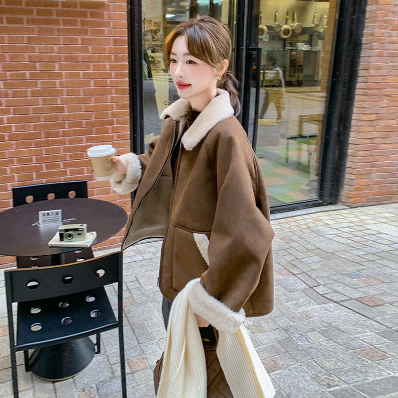 咖色皮毛一体羊羔毛外套韩系甜酷加绒棉服6087P190K278图片