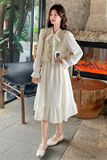 小香风白色温柔长袖连衣裙女2025春秋超火好看气质马甲长裙两件套，女装套装/套裙，2D078