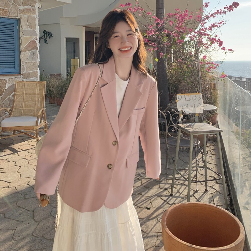 休闲西装外套女韩版气质小个子2025新款春秋宽松法式粉色西服上衣,女装西装,2C320