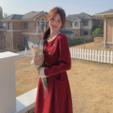 红色新中式连衣裙女春秋2024新款法式显瘦设计感小个子假两件长裙，女装连衣裙，2C098