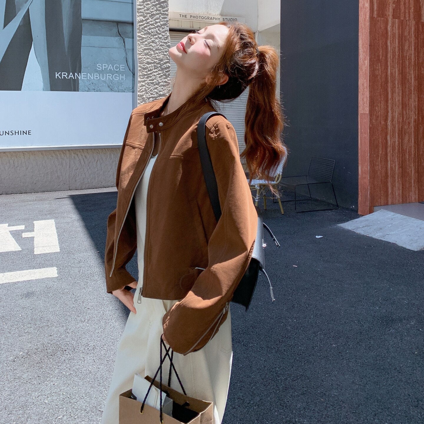 美拉德棕色麂皮绒短外套女秋季2025新款小个子复古炸街上衣夹克,女装短外套,2C327
