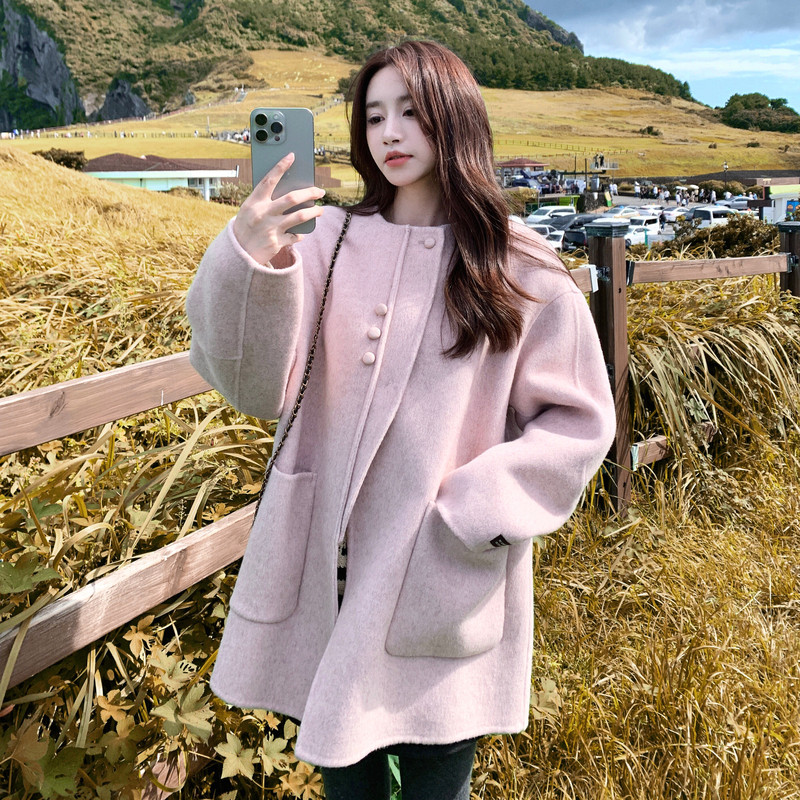 甜美气质粉色双面呢羊毛大衣外套女秋冬2025新款多巴胺超火巨好看,女装羊绒大衣,2C056
