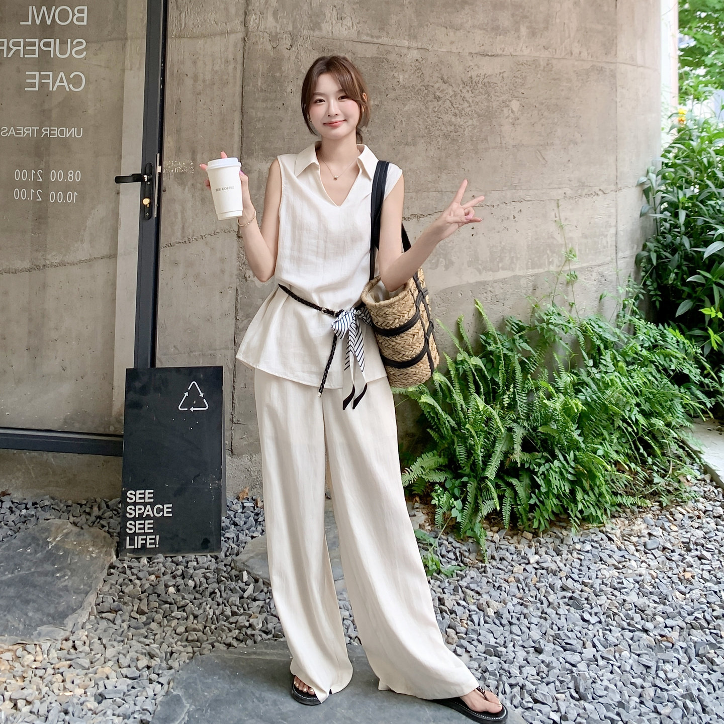 丝巾拼接衬衫阔腿裤套装女夏2025新款老钱风盐系轻熟小众两件套图片