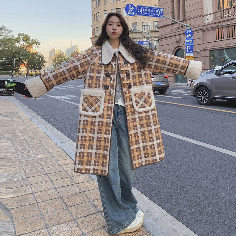 新品格子羊羔毛皮毛一体长款加厚外套2526-P225-K328,女装派克服,2C159