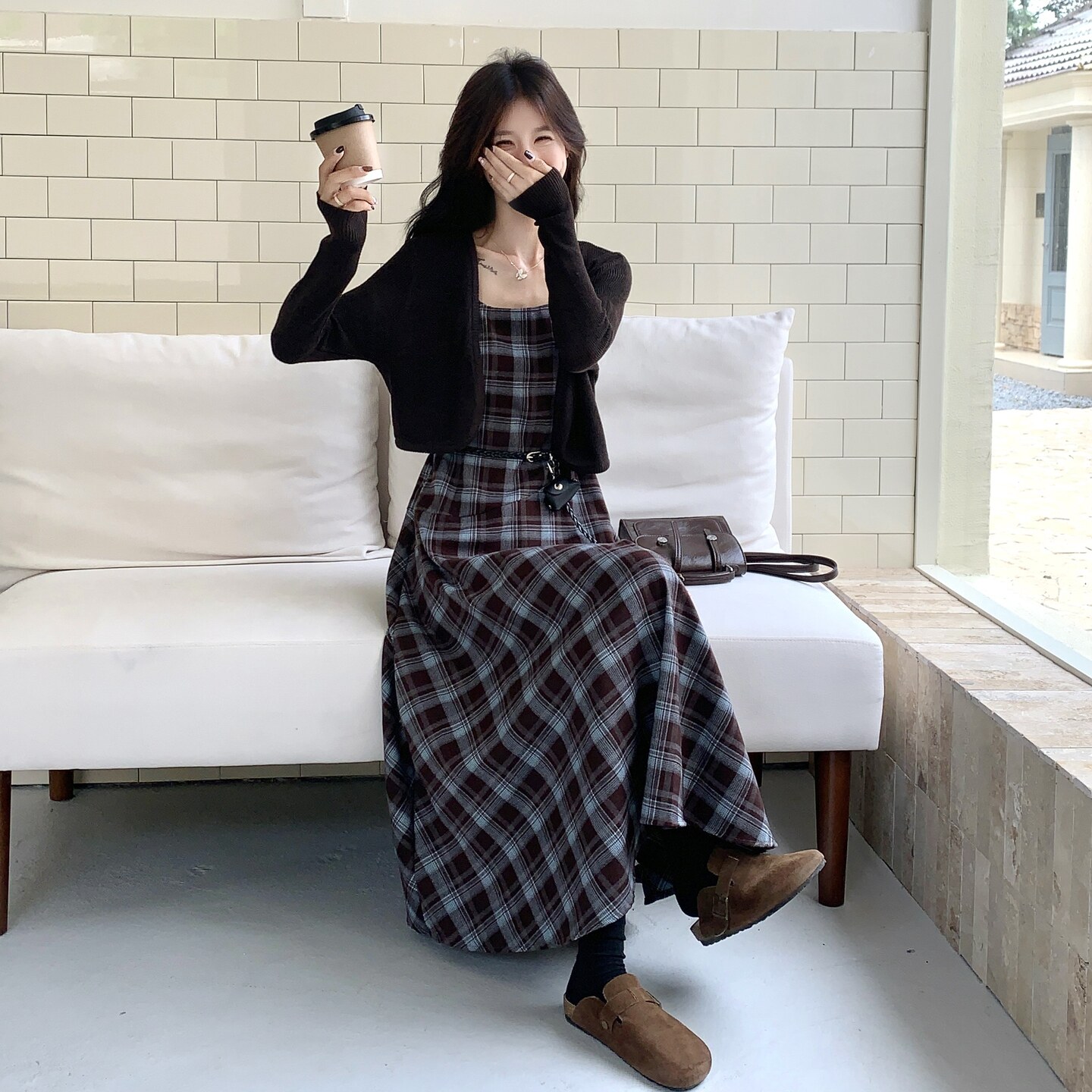 设计感小众吊带连衣裙女秋冬新款韩版时尚气质百搭显瘦格子套装,女装套装/套裙,2C166