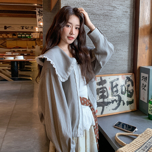 春季韩版拼蕾丝娃娃领双拉链开衫女宽松减龄休闲短款外套图片