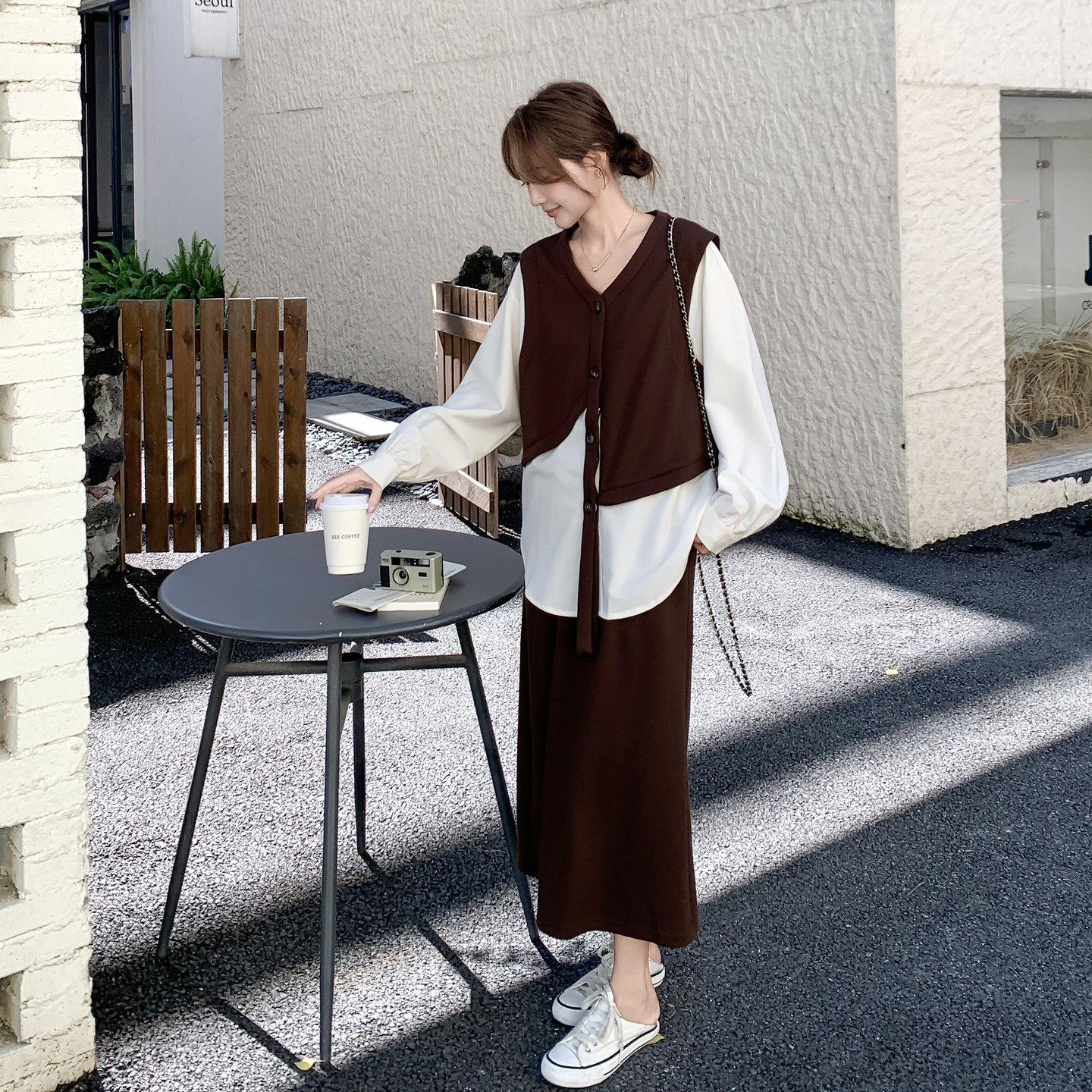 盐系穿搭独特松弛感假两件上衣套装裙女秋季2025新款半身裙两件套,女装套装/套裙,2C375