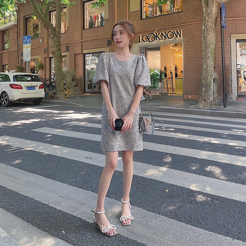 现货新款重工针织工艺亮片泡泡袖连衣裙P110K168,女装连衣裙,2C029