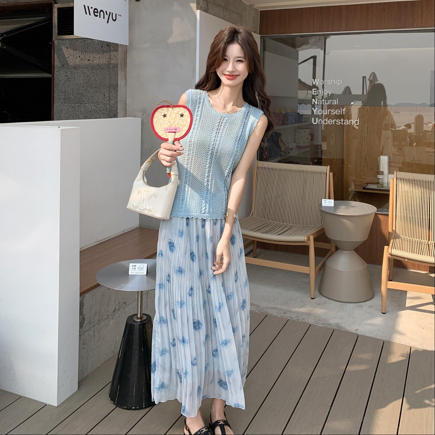 蓝色温柔风针织镂空无袖背心套装女2025夏季新款印花半身裙两件套,女装连衣裙,2C098