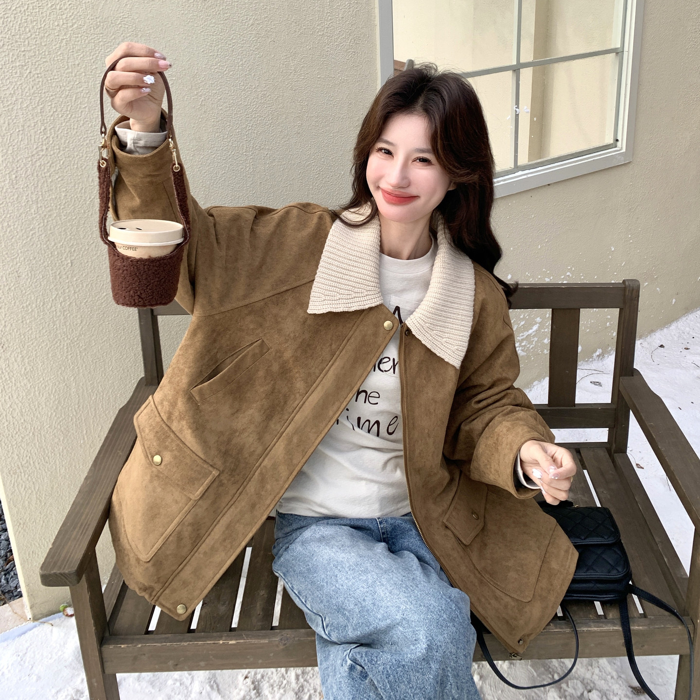 美式复古麂皮绒翻领羽绒服外套女拼接设计感90白鸭绒保暖加厚夹克,女装羽绒服,2C166