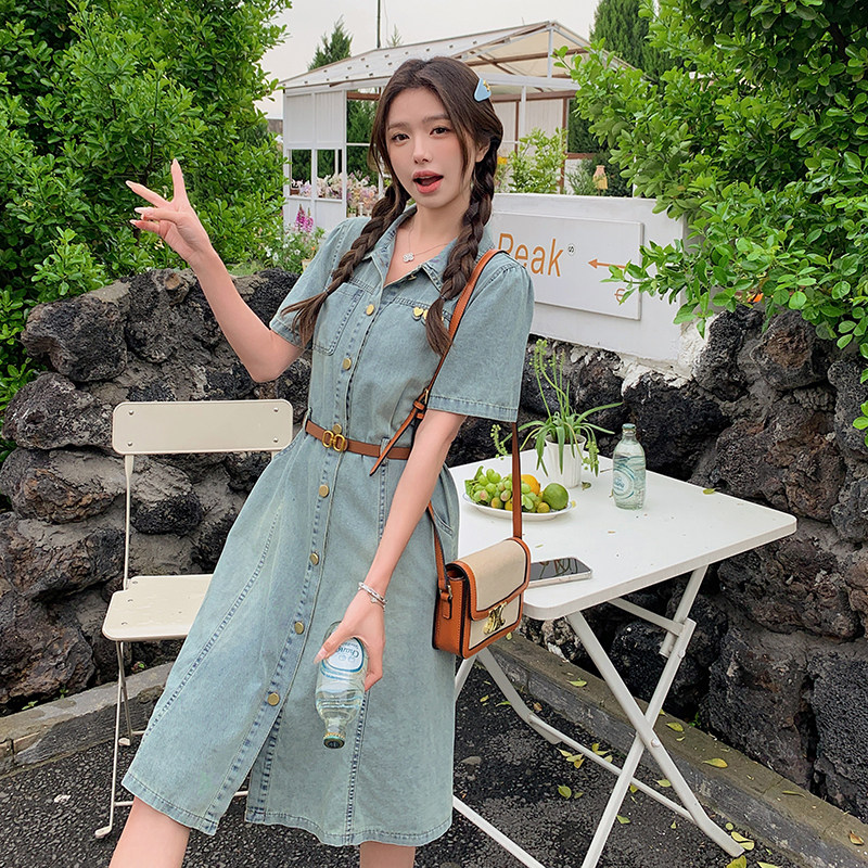浅蓝色牛仔连衣裙女2025夏季新款韩版高级感复古减龄小个子衬衫裙,女装连衣裙,2C129