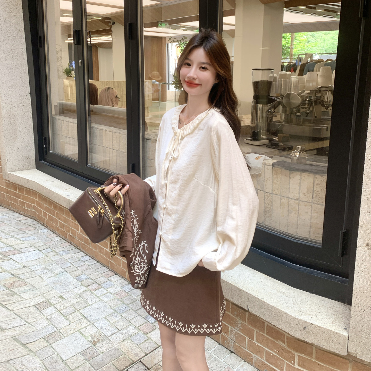 复古时尚刺绣马甲衬衫半身裙三件套女2025秋季新款小个子气质套装,女装套装/套裙,2C218