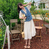 法式白色连衣裙牛仔马甲套装女2025夏季新款显瘦茶歇长裙两件套，女装套装/套裙，2C018