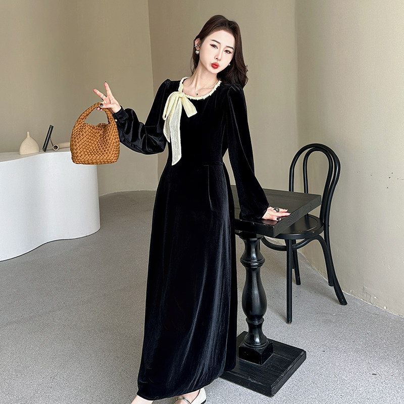 2025春装丝绒拼色连衣裙2C092-5133-P115-K178,女装连衣裙,2C092