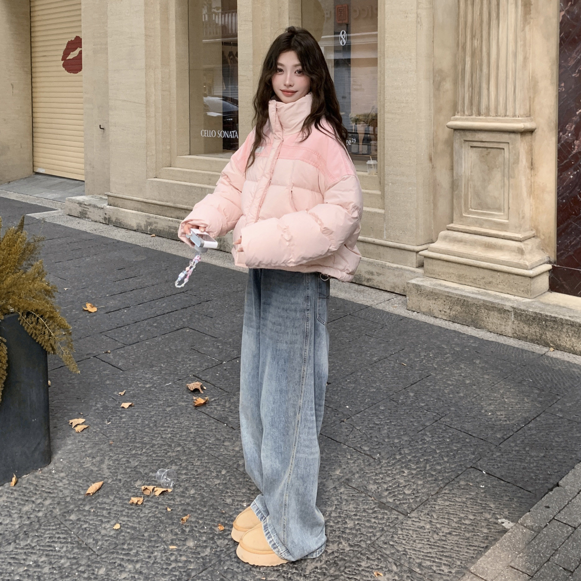 粉色牛仔拼接羽绒服外套女冬季2025新款设计白鸭绒小个子厚面包服,女装羽绒服,2C122