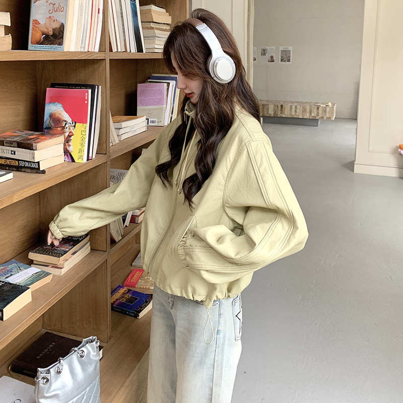 黄色设计感超好看PU皮外套女短款2025春新款休闲洋气抽绳宽松夹克图片