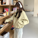 黄色设计感超好看PU皮外套女短款2025春新款休闲洋气抽绳宽松夹克，女装皮衣，2C218