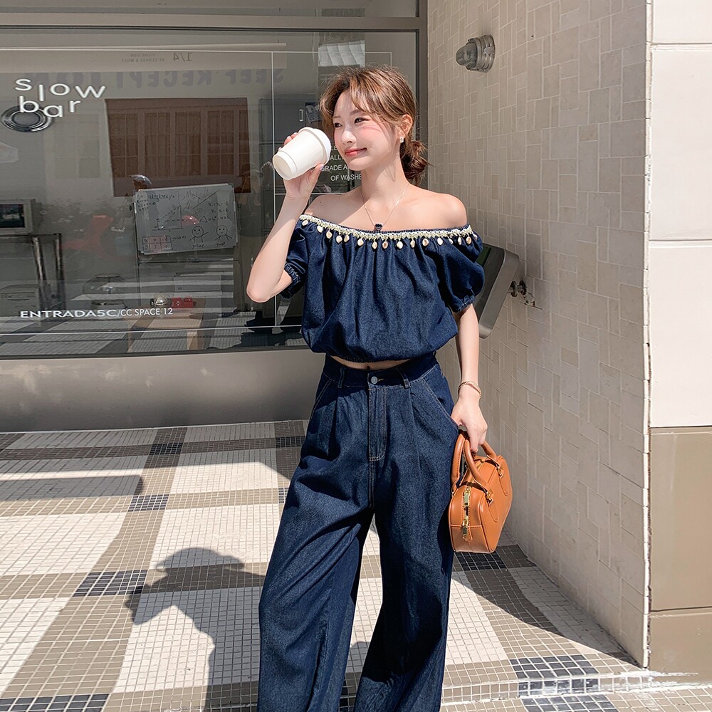 蓝色复古高级感牛仔套装女2025年夏季新款一字肩上衣阔腿裤两件套,女装套装/套裙,2D148