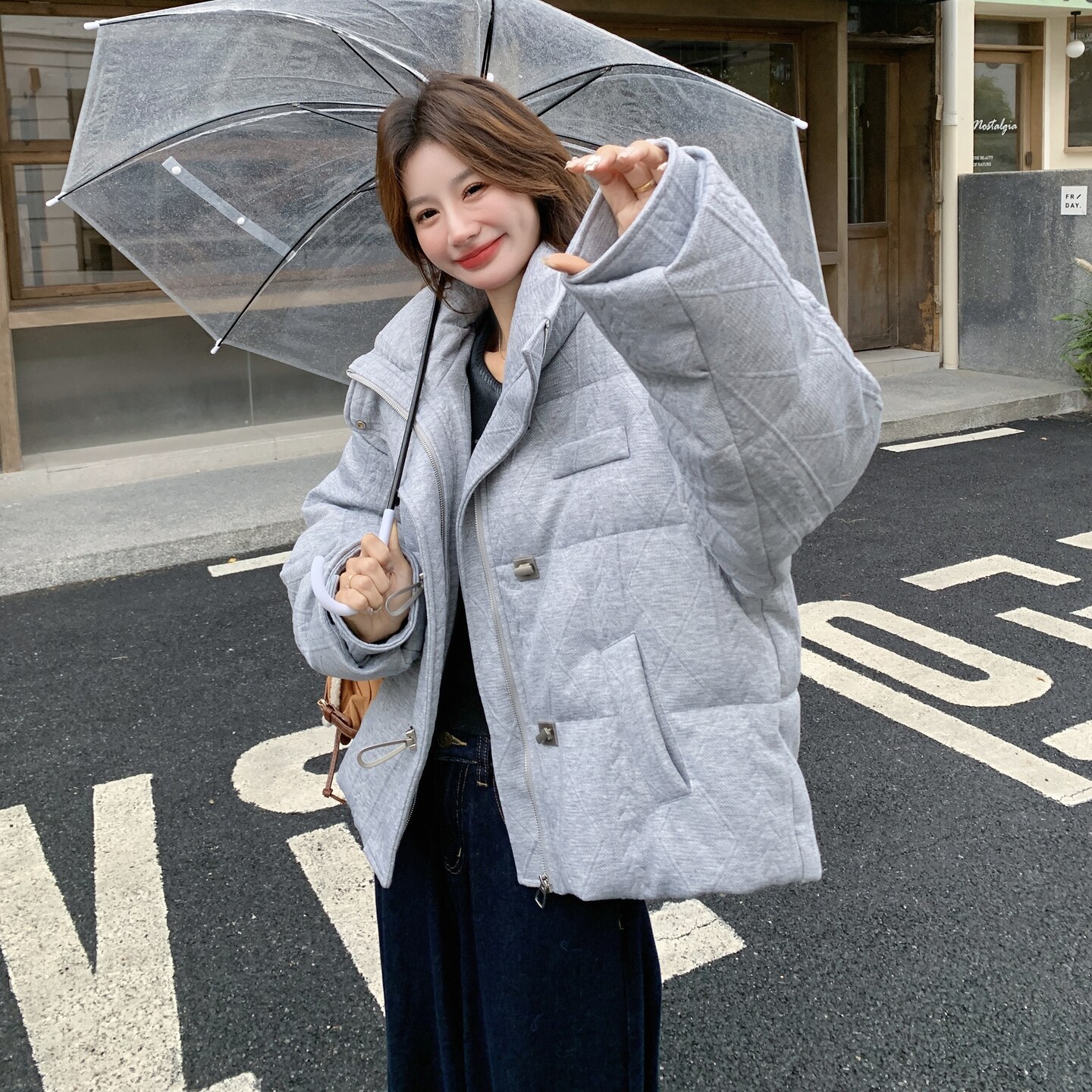 高级感灰色立领面包服羽绒服女冬季短款加厚保暖90白鸭绒宽松外套,女装羽绒服,2C166
