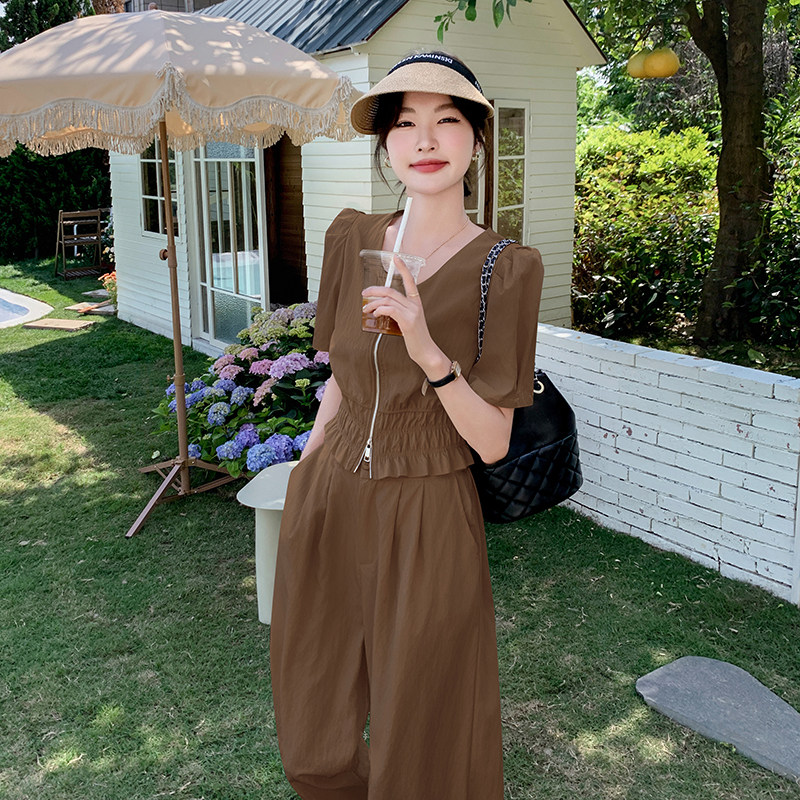 法式气质高级感v领上衣套装女2025夏季新款宽松显瘦阔腿裤两件套,女装套装/套裙,2C159