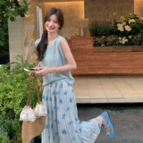 镂空无袖针织衫百褶碎花半身裙两件套女2025夏季优雅气质裙子套装，女装套装/套裙，2C166