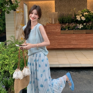 镂空无袖针织衫百褶碎花半身裙两件套女2025夏季优雅气质裙子套装图片