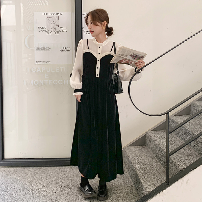 黑色拼接设计感小众丝绒连衣裙女2024春新款法式名媛气质千金长裙,女装连衣裙,2C166
