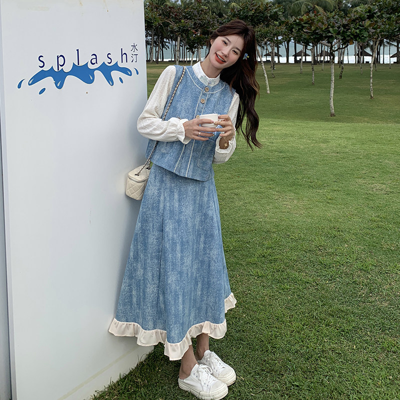 新中式小清新牛仔刺绣套装裙女2025春秋新款马甲半身裙三件套,女装套装/套裙,2C177
