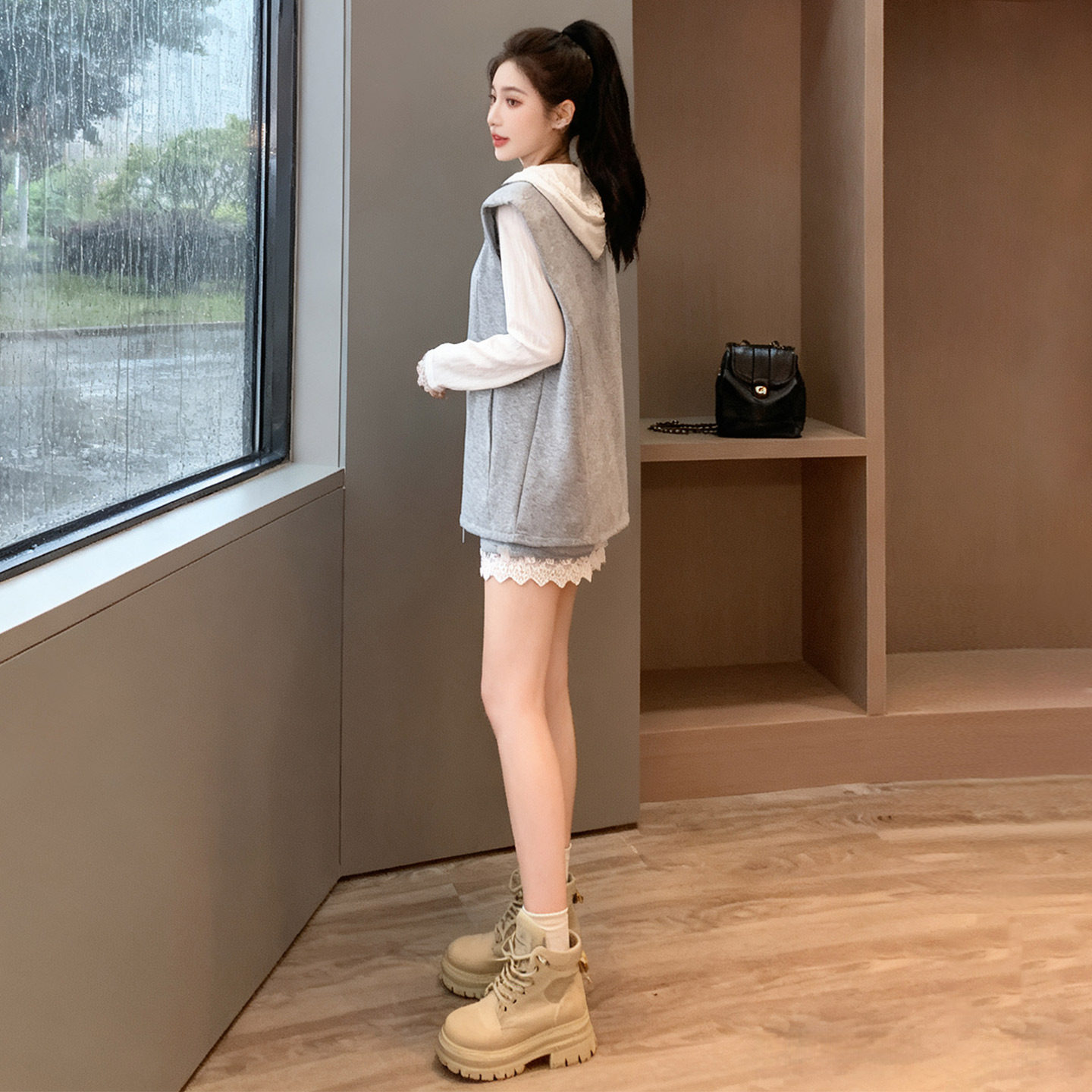 韩版时尚休闲裤裙套装女秋款马甲外套连帽T恤蕾丝花边裤裙三件套,女装套装/套裙,2C310