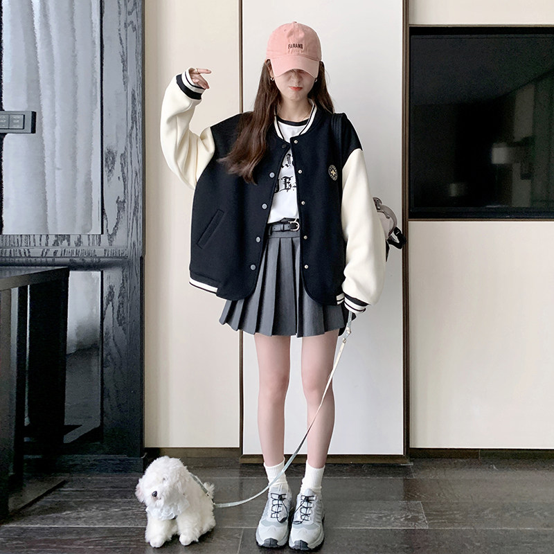 美式复古撞色拼接棒球服外套女2025春秋新款超好看学院风夹克上衣图片