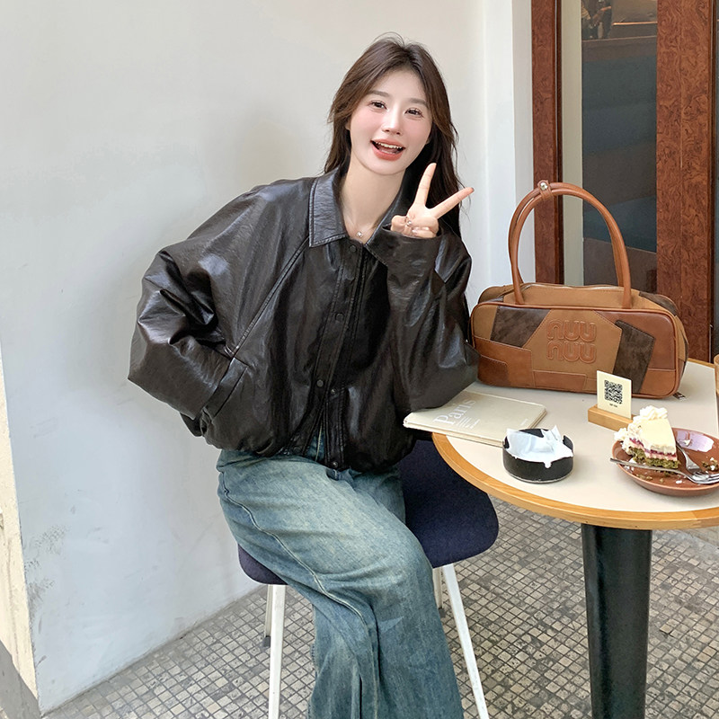 咖色美拉德短款皮衣外套女2025年秋季新款韩系复古超好看机车夹克,女装皮衣,2C135