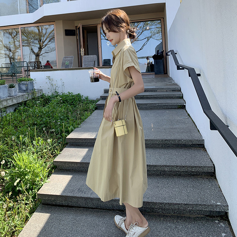 现货！卡其色衬衫连衣裙女夏法式气质收腰显瘦长裙3010P120控178,女装连衣裙,2C166