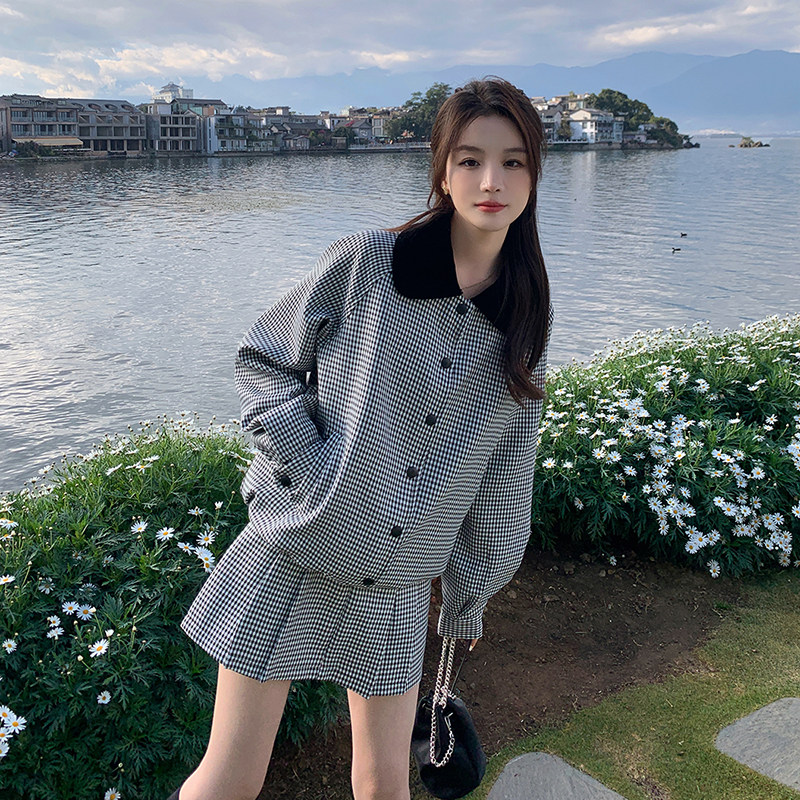 小香风复古休闲格子套装女秋季2025新款小个子穿搭外套短裙两件套,女装套装/套裙,2C053