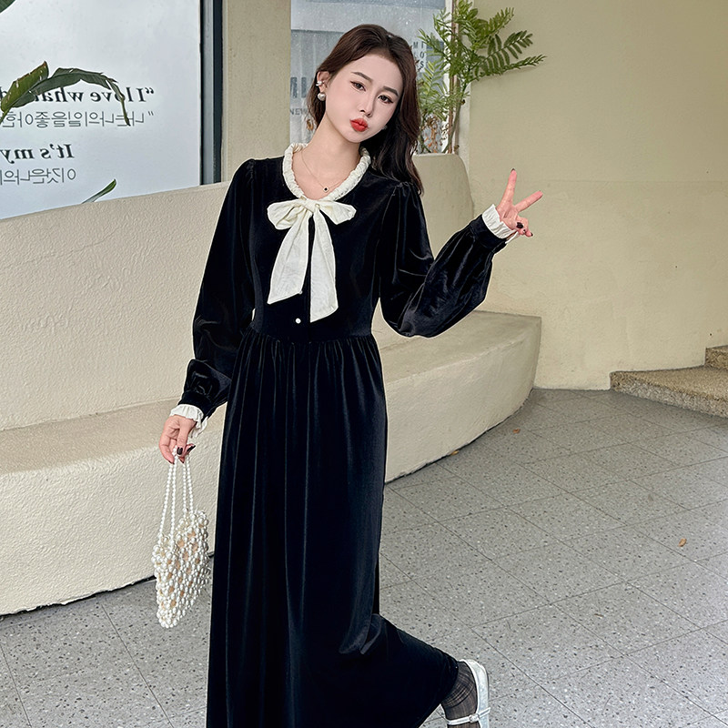 2025春装丝绒拼色连衣裙2C092-5123-P115-K178,女装连衣裙,2C092