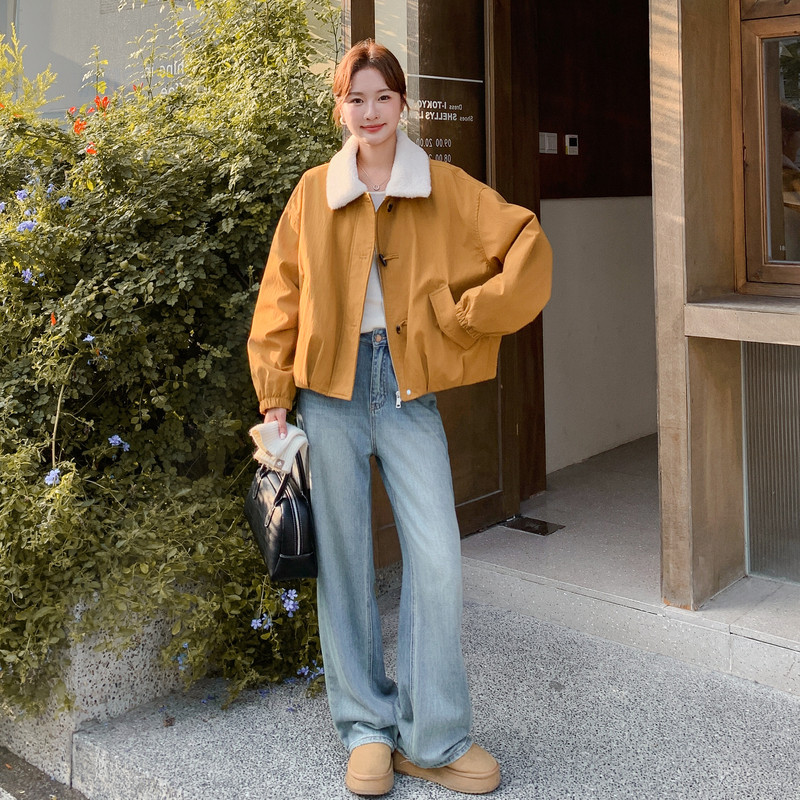 羊羔毛领黄色工装派克服女冬季2025新款短款棉服小个子流行超火,女装棉衣/棉服,2C159