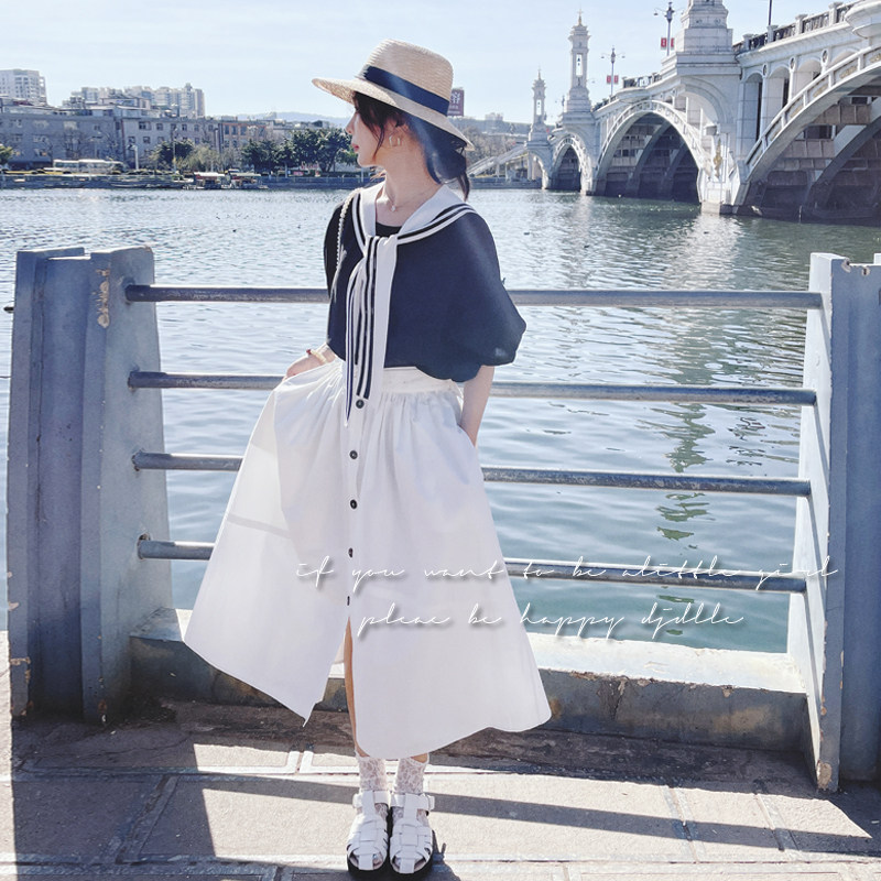 【现货】海军领披肩+黑白拼接假两件连衣裙209-890-P115K168,女装连衣裙,2C069