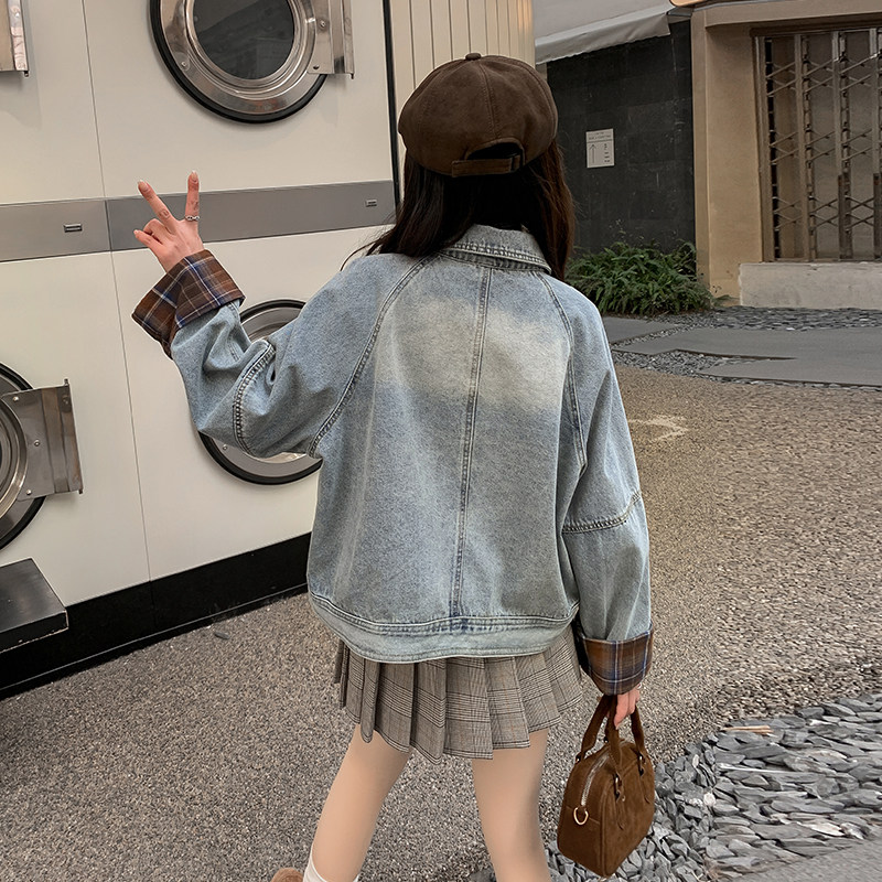 蓝色高级感格纹拼接牛仔外套女2025年秋季新款小个子翻领休闲夹克,女装短外套,2C215