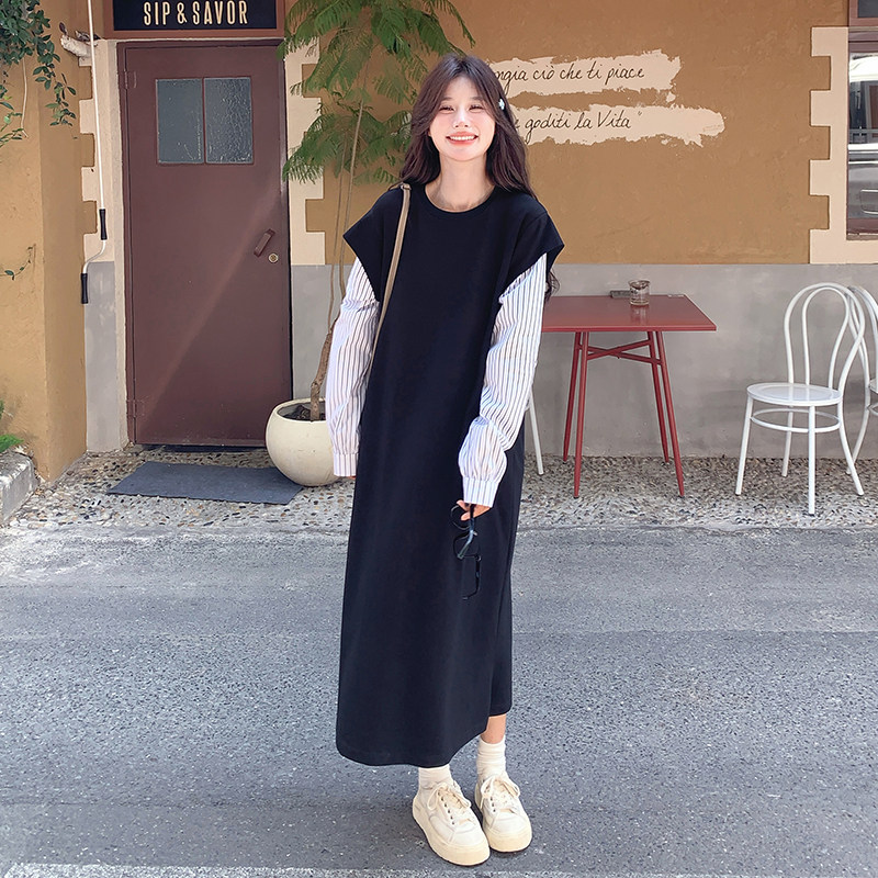 别致独特假两件黑色连衣裙女春秋2025新款慵懒风显瘦条纹拼接长裙图片