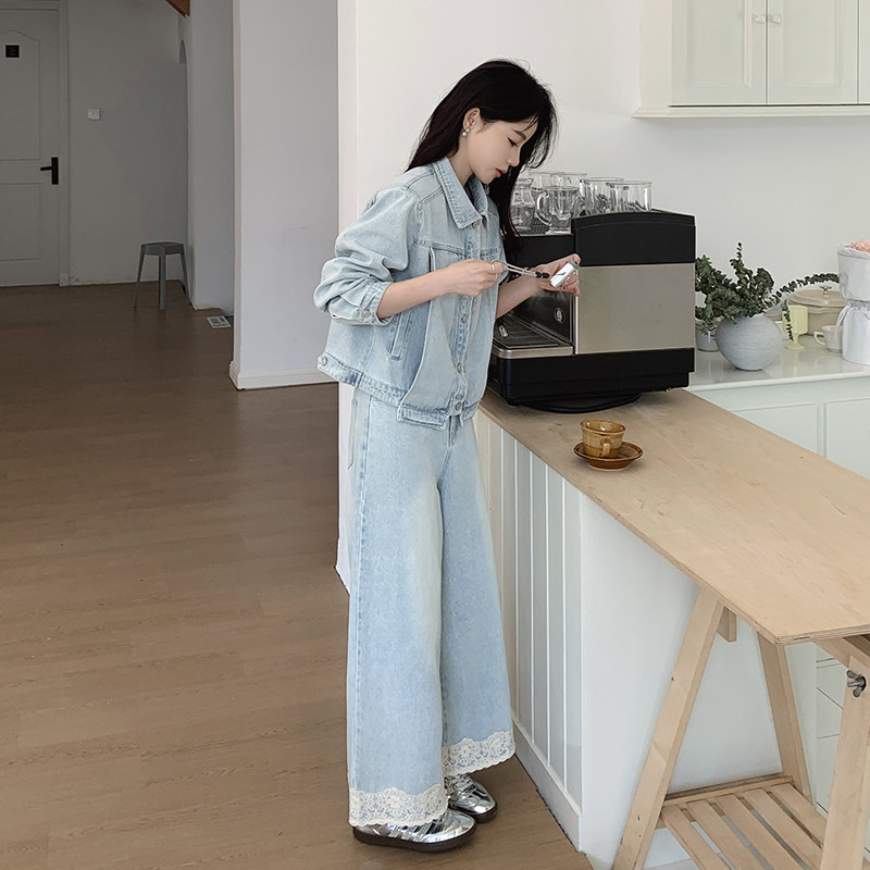 甜酷风蕾丝拼接牛仔套装女2025春季新款复古时尚外套阔腿裤两件套,女装套装/套裙,2C212