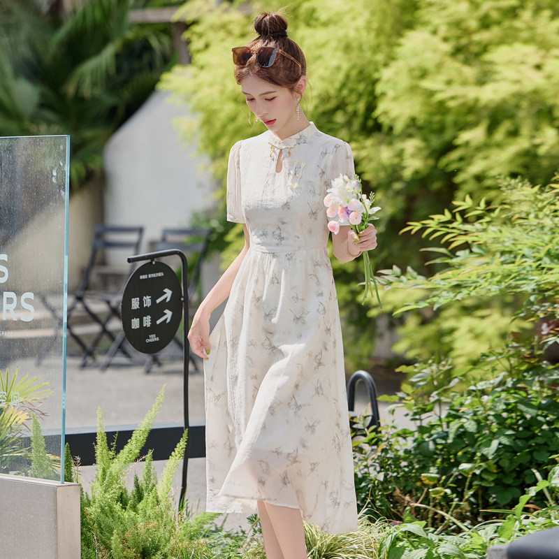 现货2025夏装新款新中式连衣裙修身显瘦遮肉风裙子中长款风,女装连衣裙,唯婧