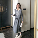 灰色花朵图案毛衣套装裙两件套宽松显瘦针织衫6155P135K198，女装连衣裙，2C166
