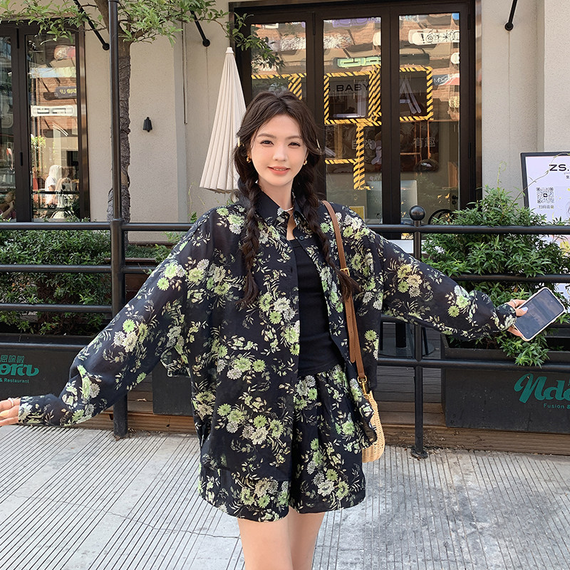 撞色天丝衬衫防晒套装女夏新款小个子宽松阔腿短裤印花时尚两件套,女装套装/套裙,2C107